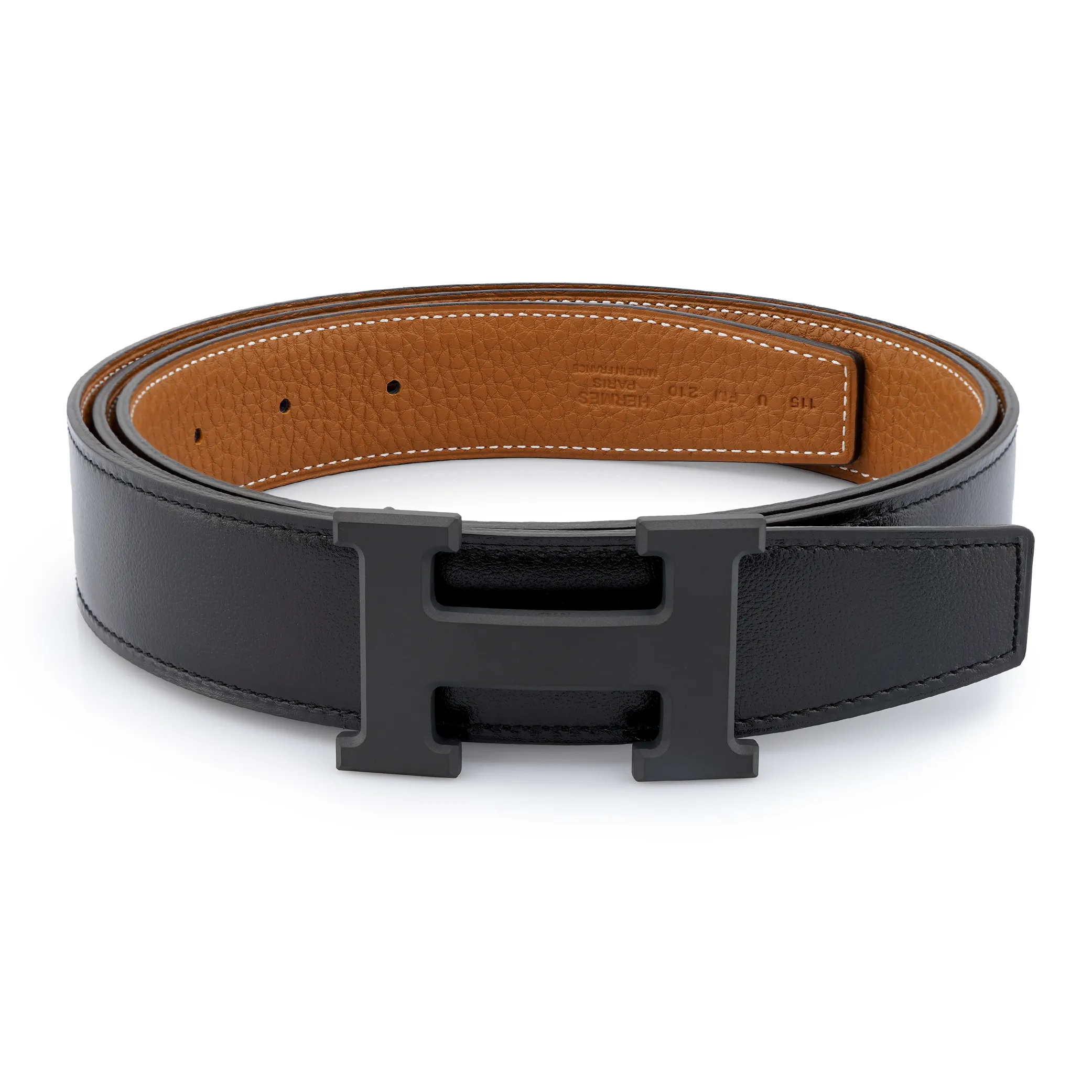 HERMES Togo Calfskin Double Sided Leather Belt Men's Black/Gold Width 3.2cm