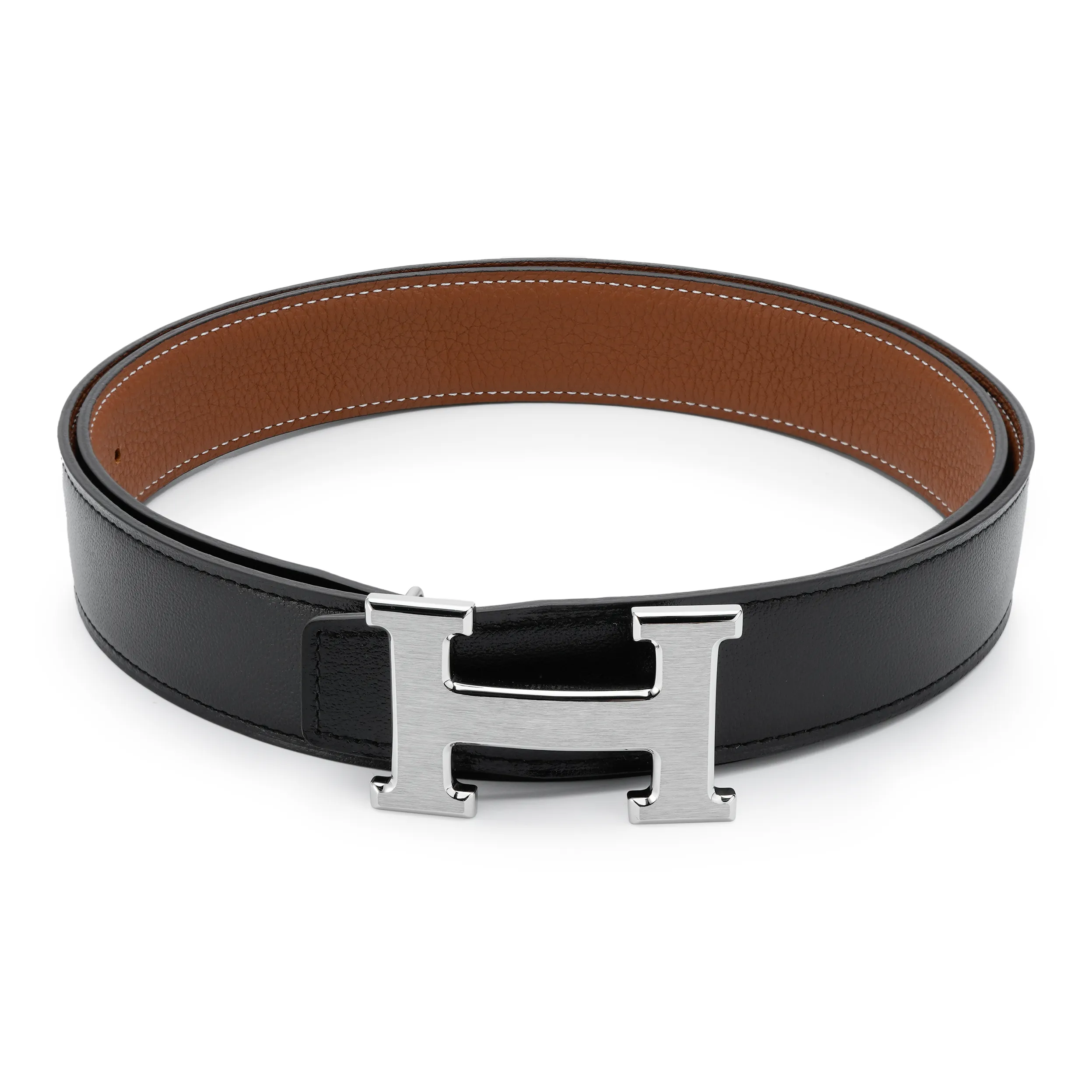 HERMES Classic Medium Gray Buckle Togo Calfskin Double Sided Leather Belt Men's Black/Gold Width  3.2cm