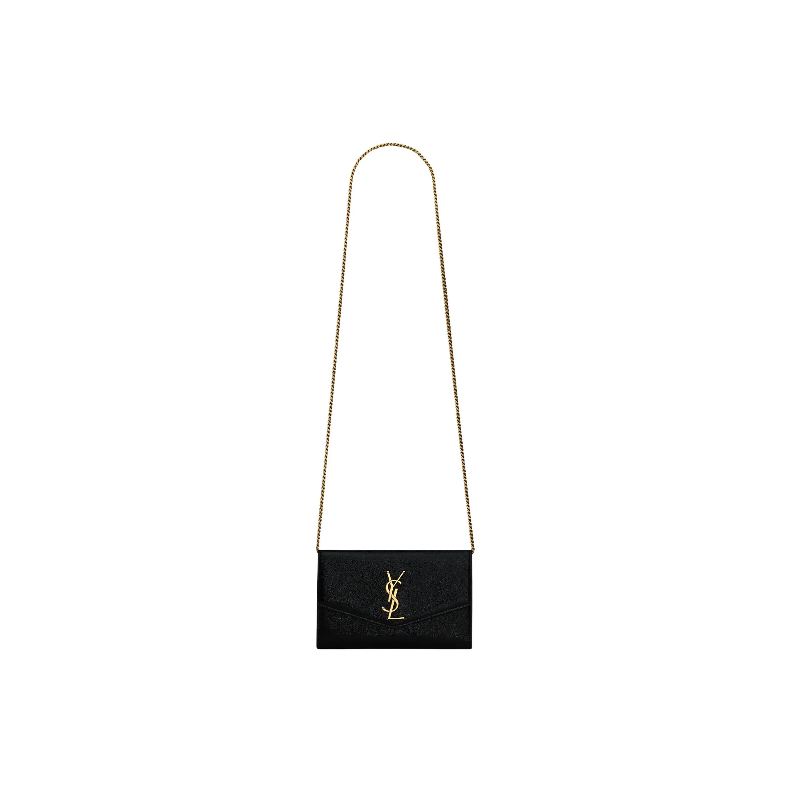 SAINT LAURENT UPTOWN Shiny Grained Leather Envelope Bag Wallets Shoulder Bag Crossbody Bag Mini Women's Black