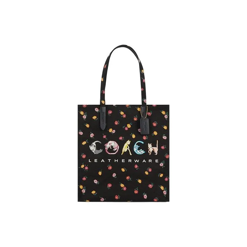 COACH Recycled Tote Coated Canvas With Leather Tote Bag Shoulder Bag Women's Black & Brass