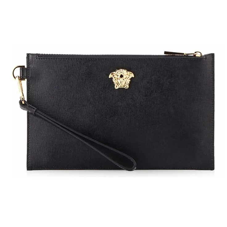 VERSACE Leather Wrist Bag Clutch Trumpets Men's Black