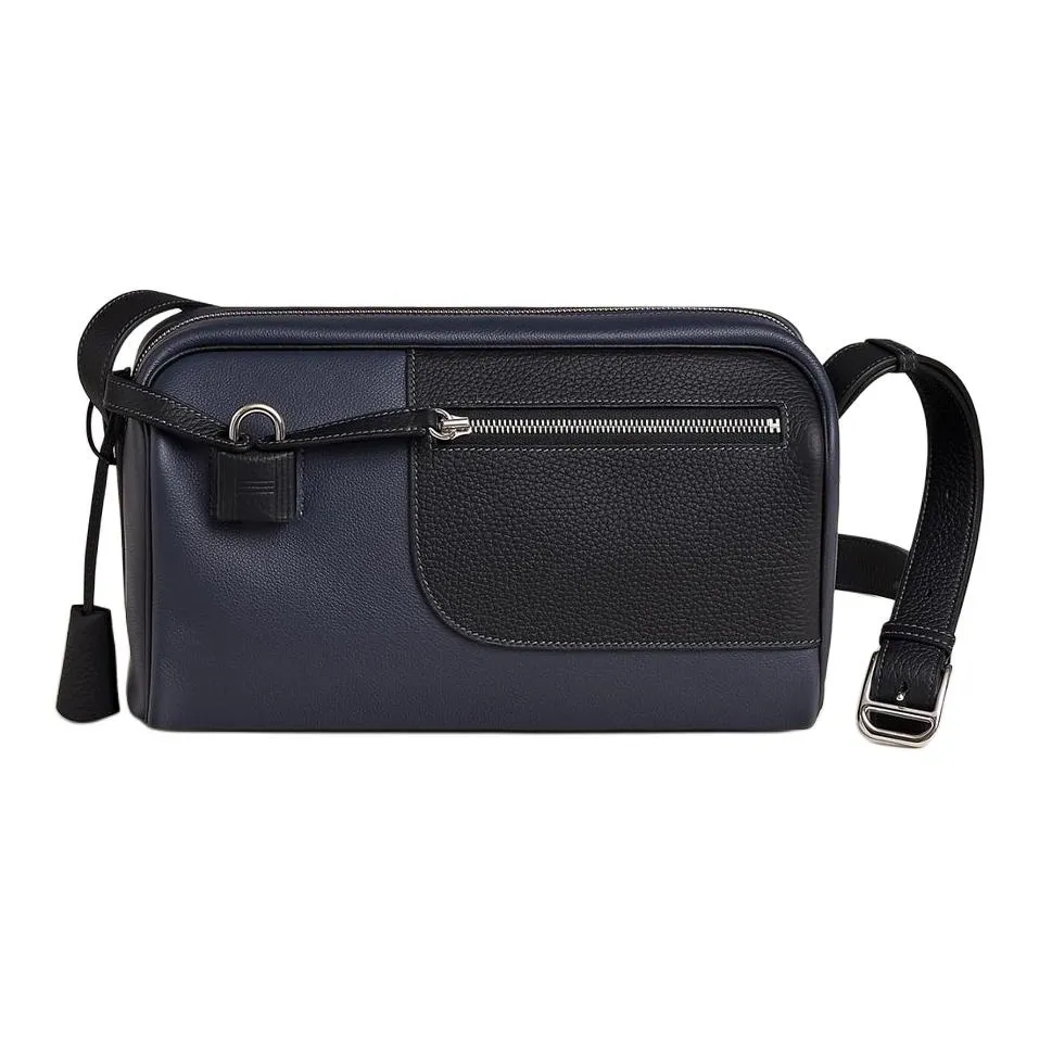 HERMES Evercolor Calfskin Combo Clemence Bullock Leather Crossbody Bag Shoulder Bag Men
s 2Z Bleu Nuit Midnight Blue
