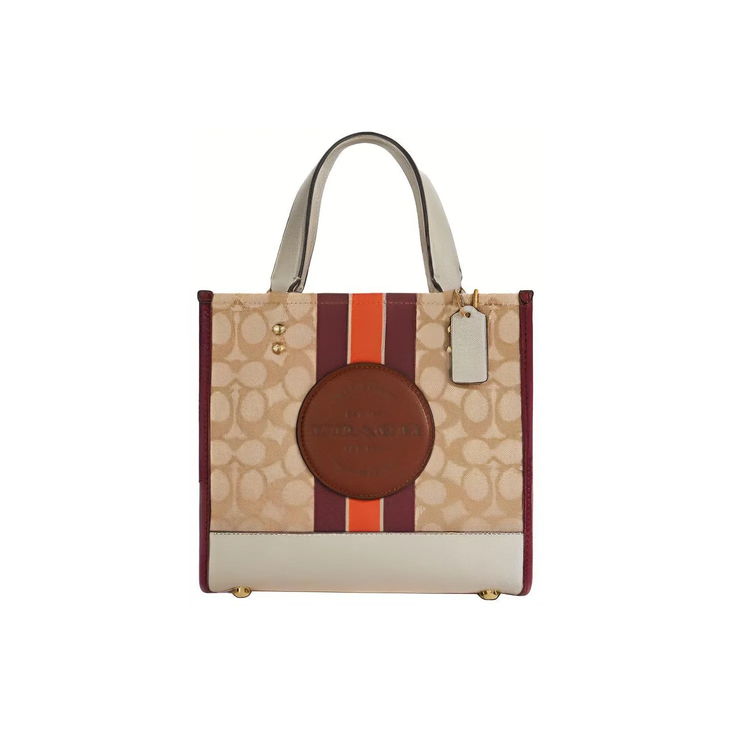 COACH Dempsey Canvas With Leather Tote Bag Shopping Bag Handbag Crossbody Bag Small Size Women's Light Khaki & Burgundy