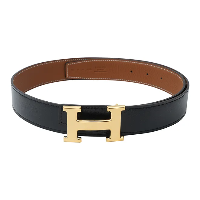 HERMES Togo Calfskin Leather Belts Men's Black/Gold Width 3.2cm
