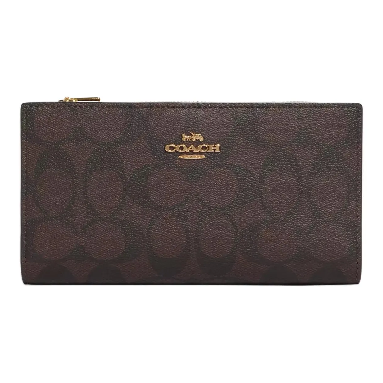 COACH Slim Wallet Canvas With Leather Clutch Wallet Trumpets Women's Dark Brown