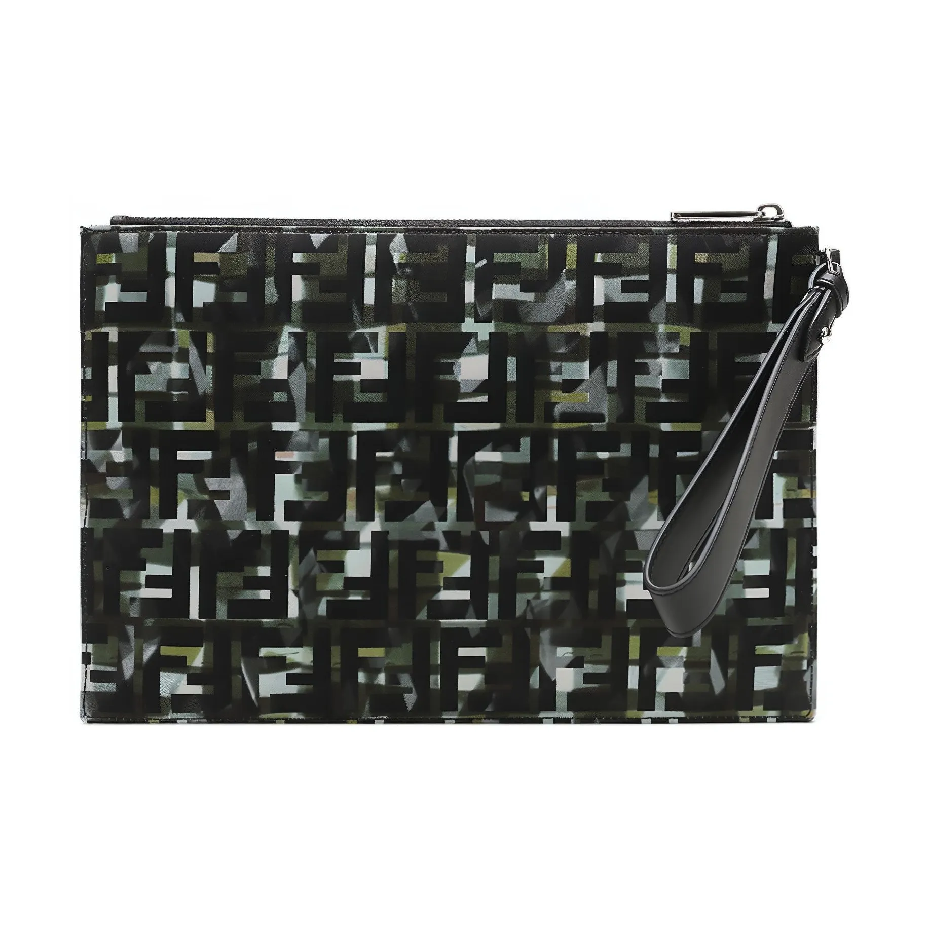 FENDI Fabric With Leather Wristlet Bag Clutch Men's Green/Black/Camouflage