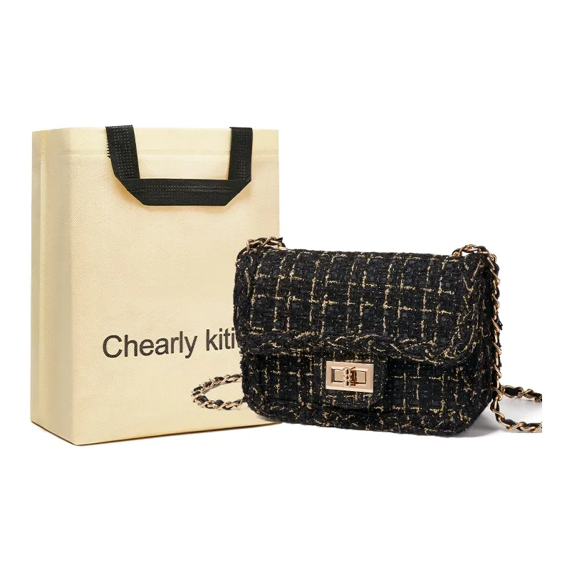 Chearly Kitity Ткань Маленькая Квадратная Сумка Сумка через плечо Сумка на плечо Сумка с цепочкой Сумка на плечо Стандартная Женская Черный Экрю