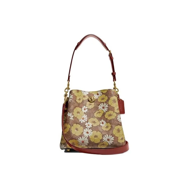 COACH Willow Покрытый холст с телячьей кожей ведрообразная сумка сумка через плечо большая женская ржаво-красный