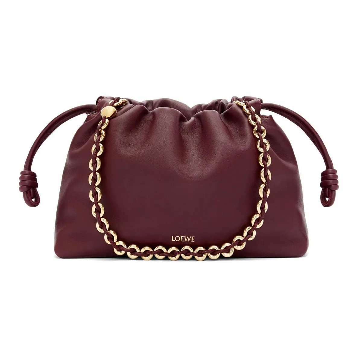 LOEWE Flamenco Soft Nappa Sheep Leather One Shoulder Crossbody Clutch Medium Size Women's Dark Burgundy Red