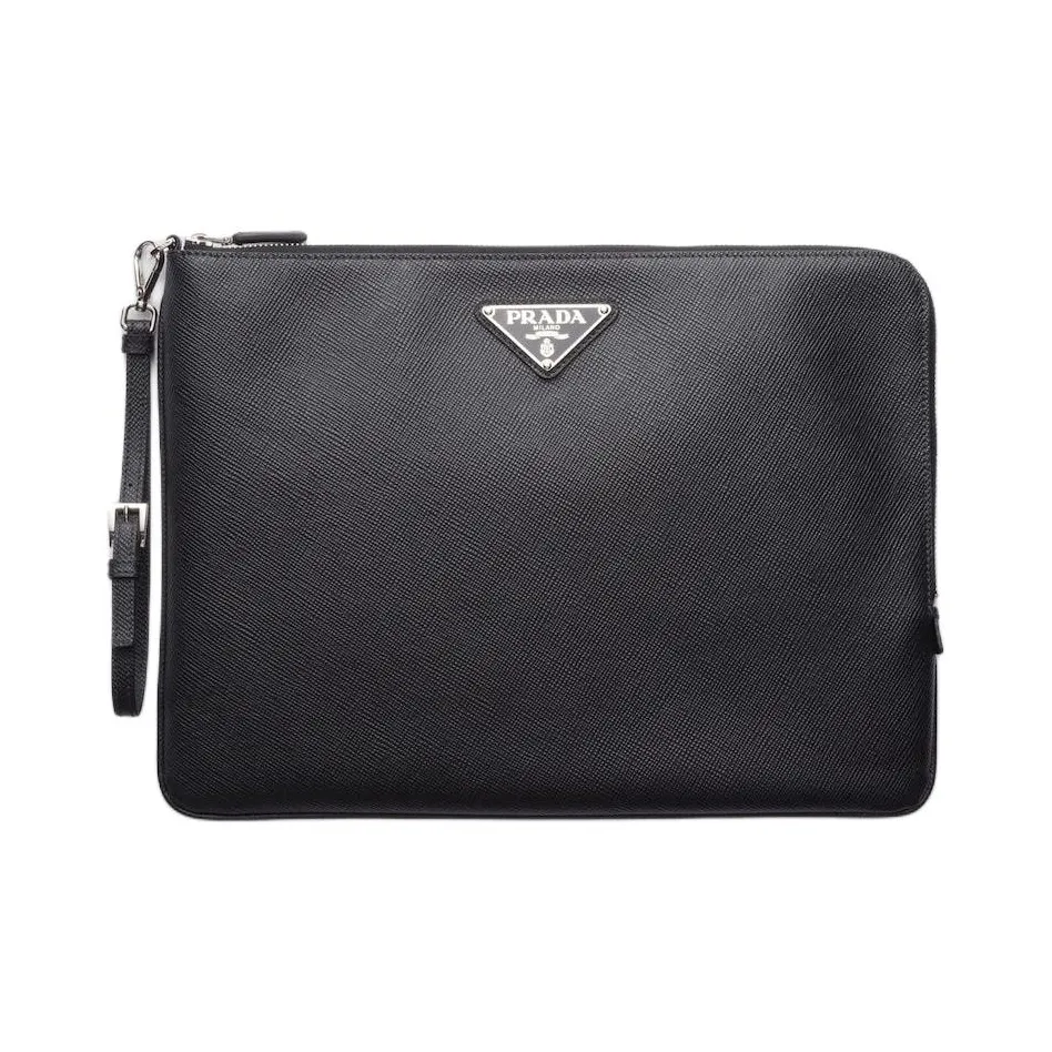 PRADA Leather Clutch Large Size Men's Black