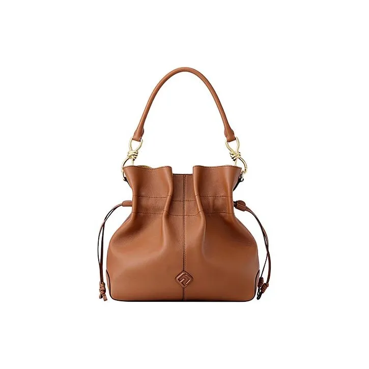 FION Cow Leather Bucket Bag, Handbag, Shoulder Bag, Crossbody Bag Medium Size Women's Caramel Brown