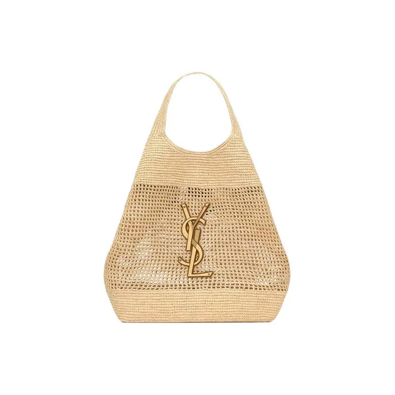 SAINT LAURENT Raffia Fiber & Calfskin & Brass Handbag Extra Large Women's Natural Gold & Palm Gold