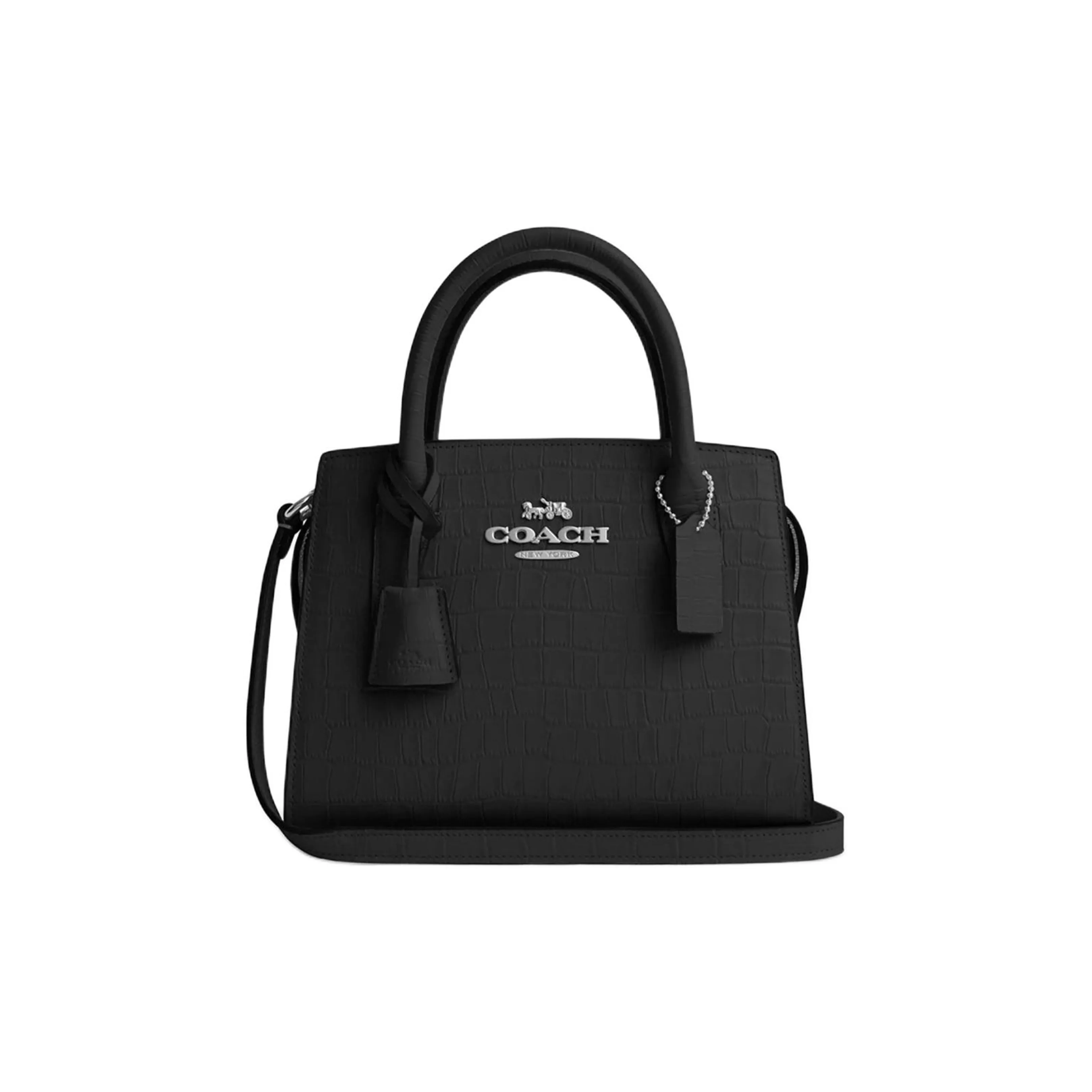 COACH Andrea Crocodile Embossed Leather Shoulder Bag, Crossbody Bag, Handbag Trumpets Women's Silver & Black