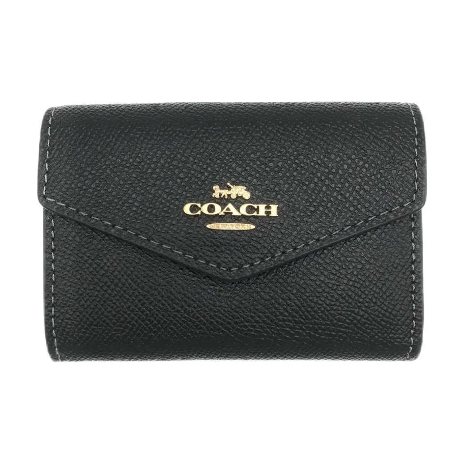 COACH Card Case Cross Grain Leather Wallet, Card Holder Women's Black