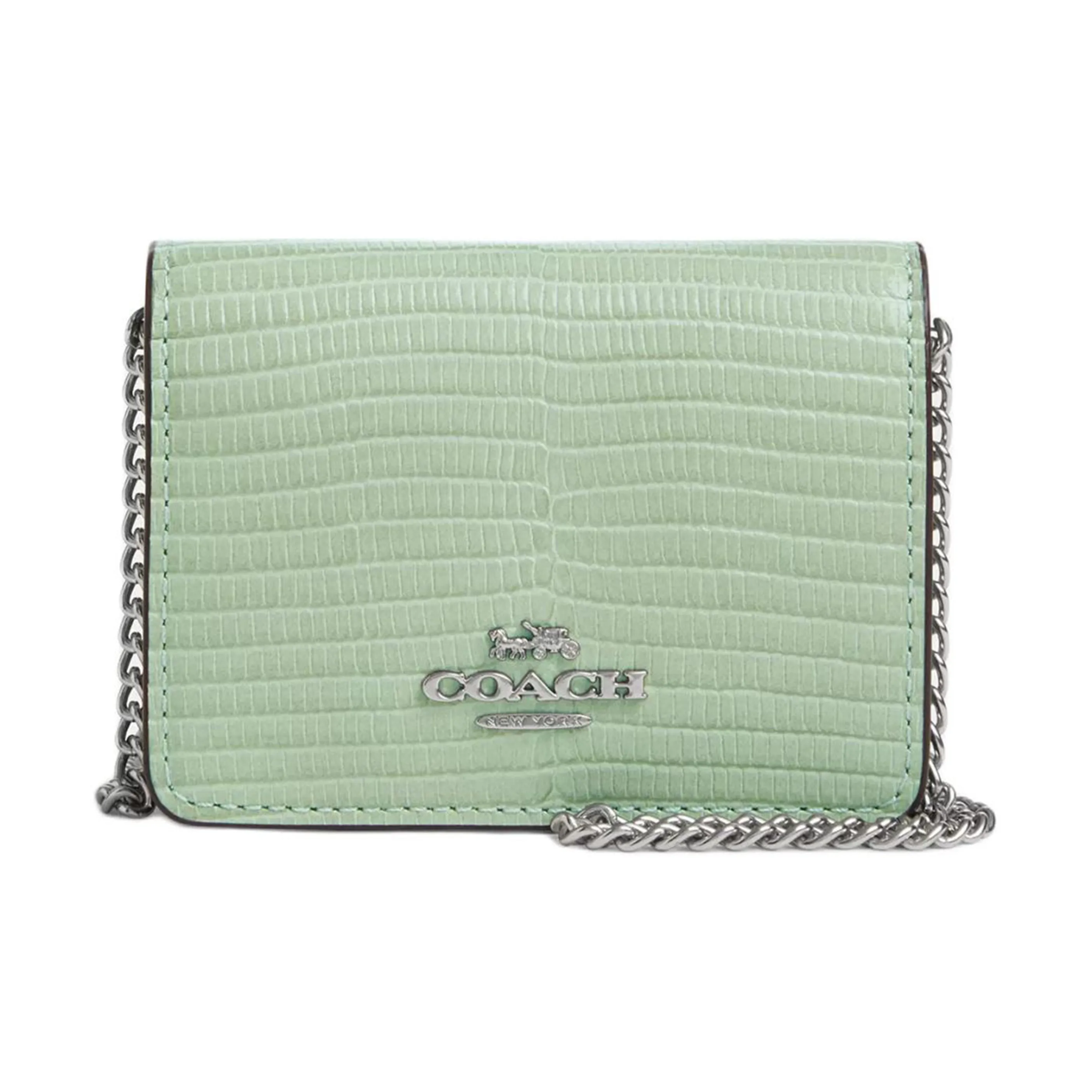 COACH Lizard Embossed Leather Shoulder Bag, Crossbody Bag, Wallet Mini Women's Silver & Light Green
