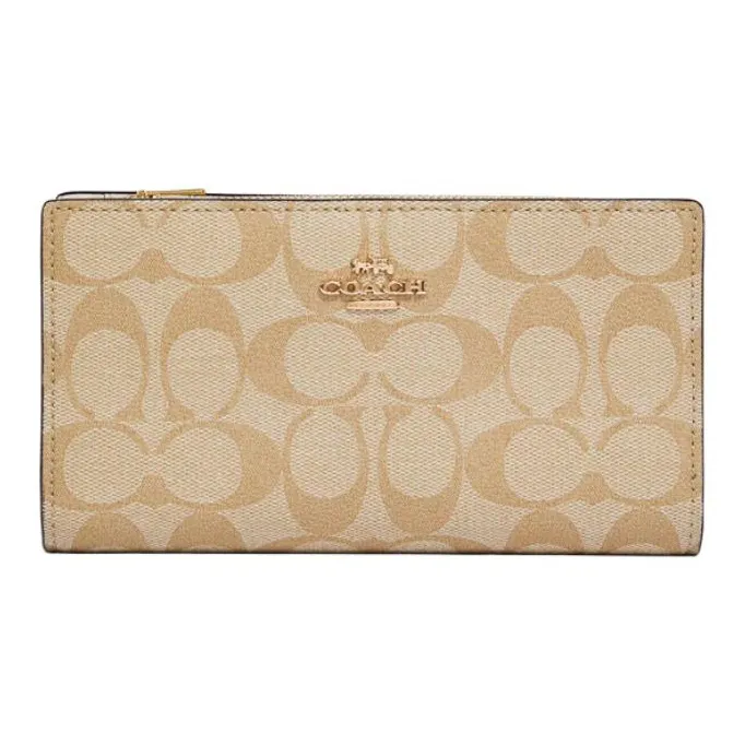 COACH Slim Wallet Canvas With Leather Clutches Wallets Small Size Women's Dark Khaki