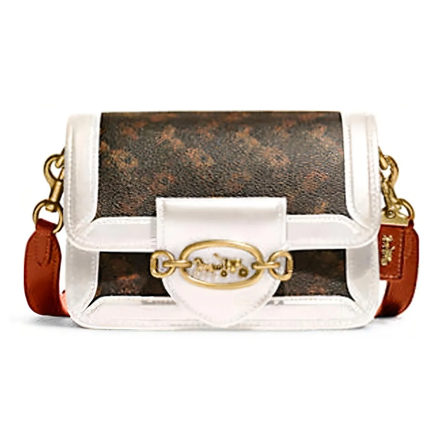 COACH Hero Cow Leather Handbag Shoulder Bag Crossbody Bag Small Size Women's Dark Brown & Orange Red & White