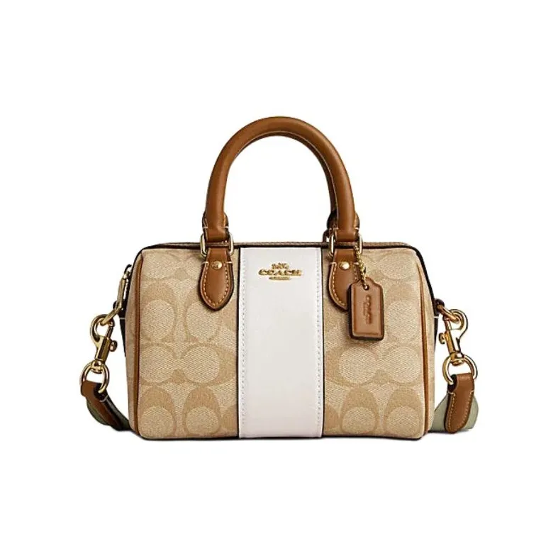 COACH Rowan Canvas With Leather Handbag Shoulder Bag Crossbody Bag Mini Women's Light Khaki & Pink White