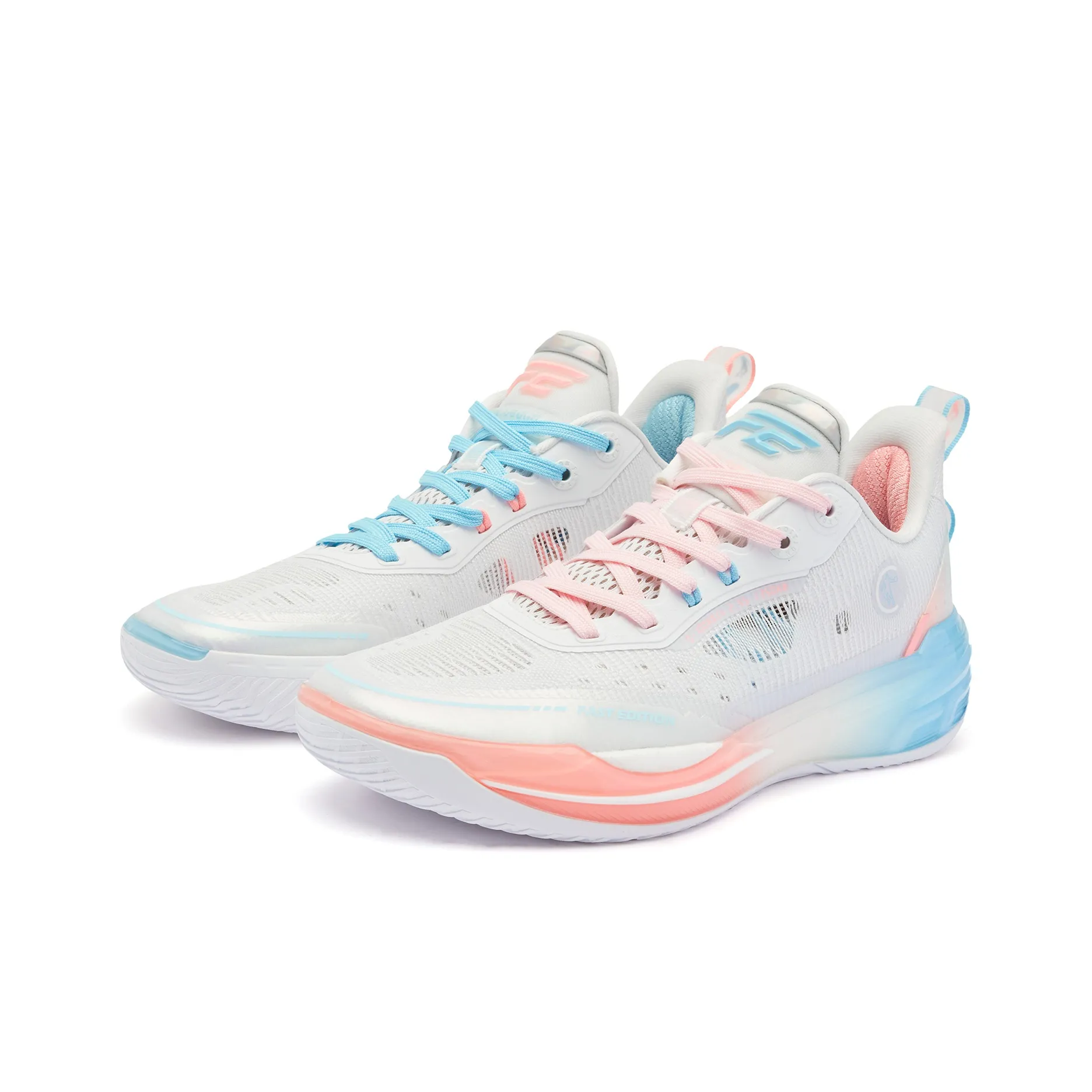 QIAODAN FE2.0 South Beach Mismatched Low Top Q KUNGFU TURBO Basketball Shoes Men's Pink Blue
