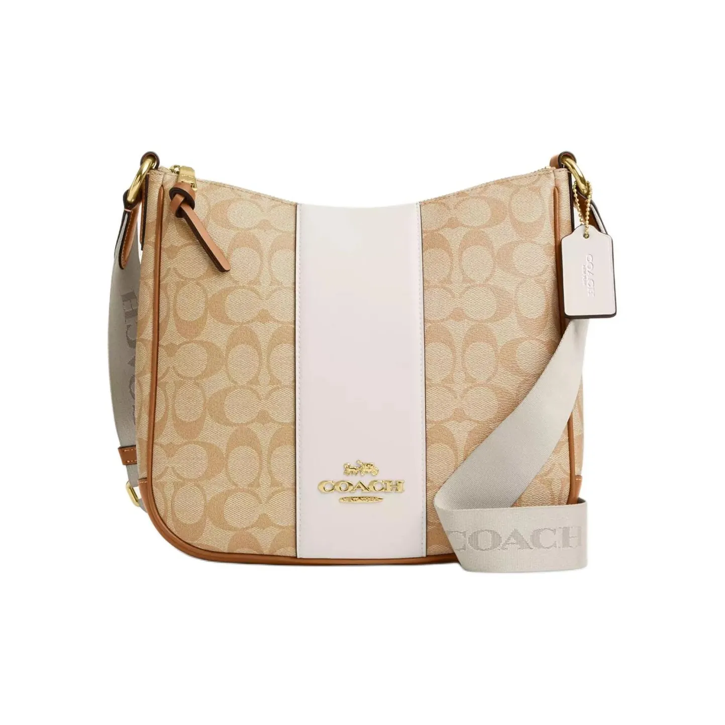 COACH Ellie Canvas With Leather Shoulder Bag, Crossbody Bag Medium Size Women's Light Khaki