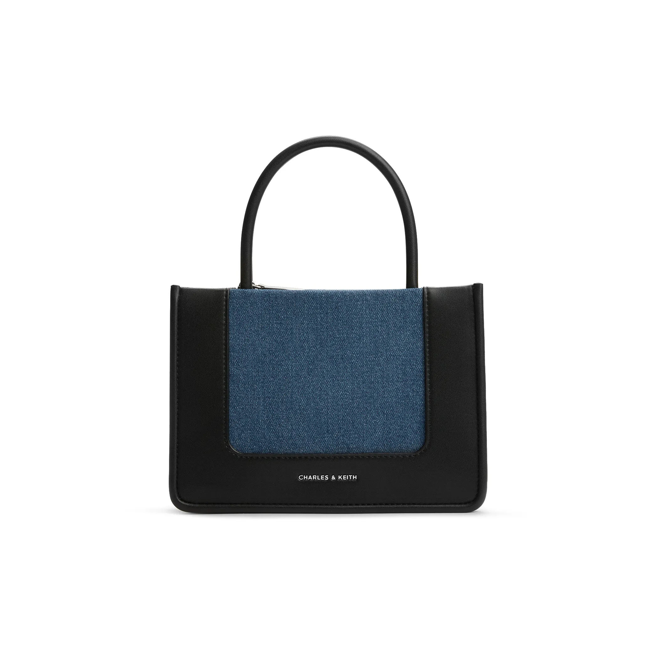 CHARLES&KEITH PU/fabric Shoulder Bag, Crossbody Bag, Handbag Medium Size Women's Dark Denim Blue/Tan Tea Brown