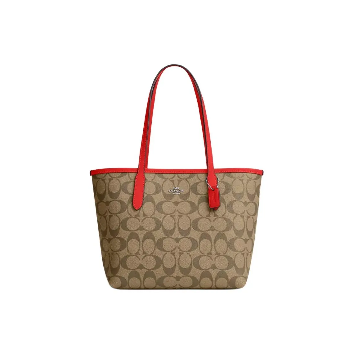 COACH City Canvas With Leather Tote Bag, Shopping Bag, Handbag, Shoulder Bag Women's Silver & Khaki & Miami Red