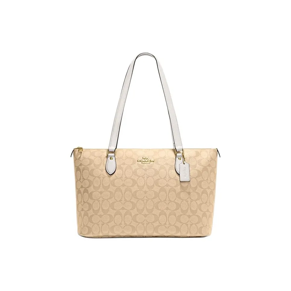 COACH Gallery Покрытый холст с переработанной кожей Тоут Сумка Сумка через плечо Большая Женская Светлый хаки