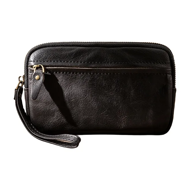 Back Step Top Grain Cow Leather Wallets Clutches Unisex Black