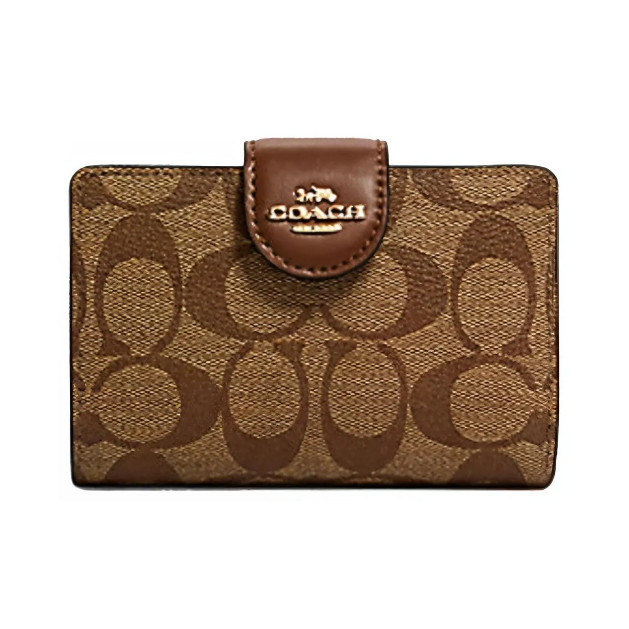 COACH Corner Zip Canvas With Leather Clutches Wallets Medium Size Women's Brown