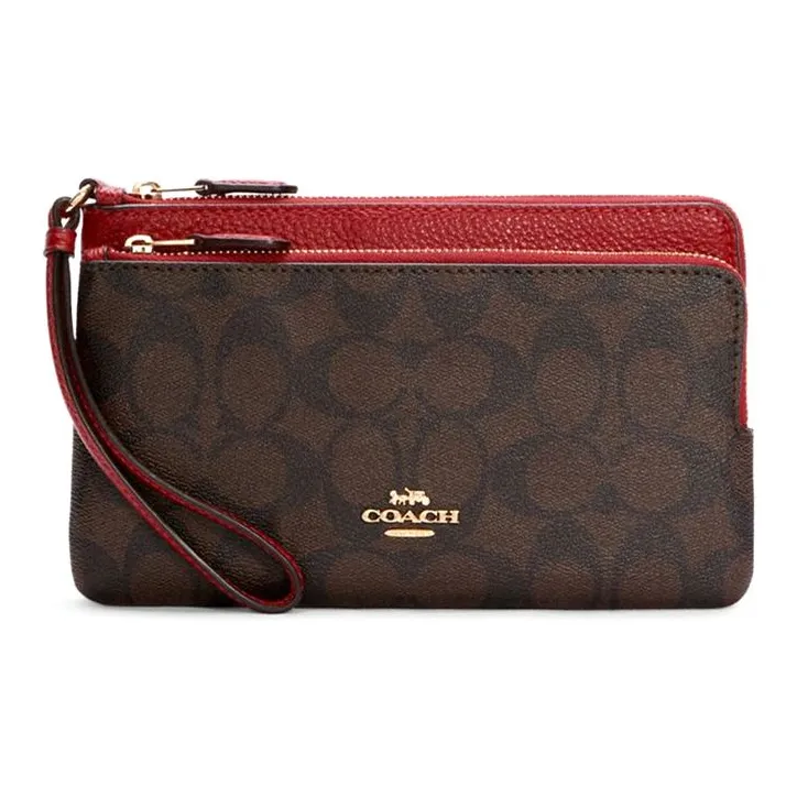 COACH Double Zip Wallet Cow Leather Card Holder, Clutch Wallet Medium Size Women's Brown & Red