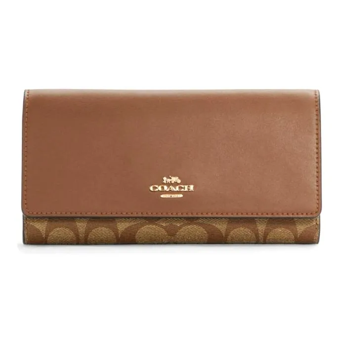 COACH Trifold Wallet Canvas Leather Clutches Wallets Women's Brown