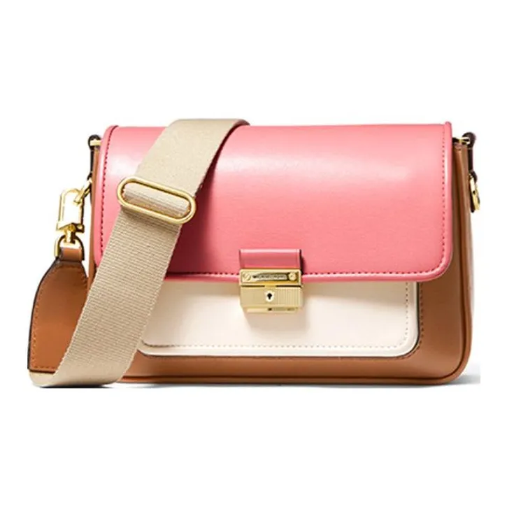 MICHAEL KORS Bradshaw Cow Leather Shoulder Bag, Crossbody Bag Medium Size Women's Acorn Brown & Pink