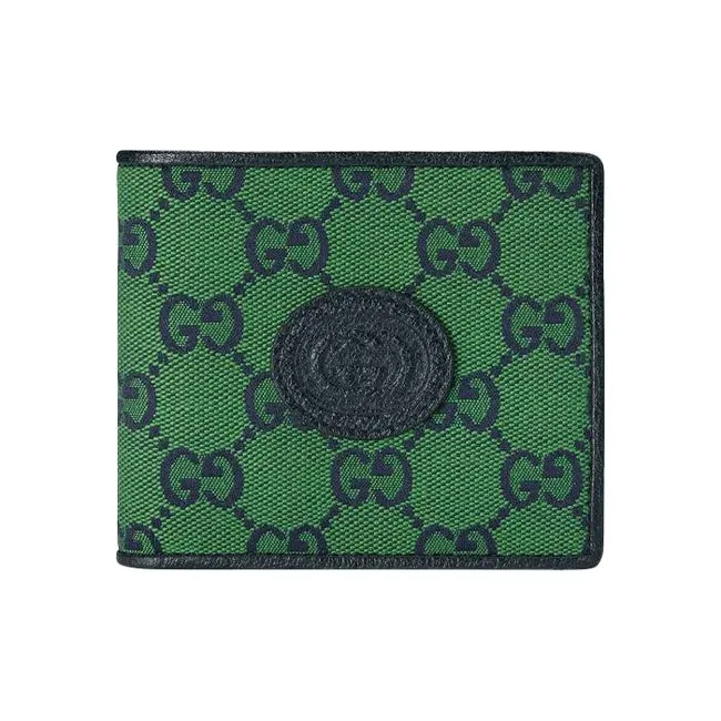 gucci Blau Leather Logo Canvas With Leather Canvas Bag Wallets Men's Green & Dark Blue