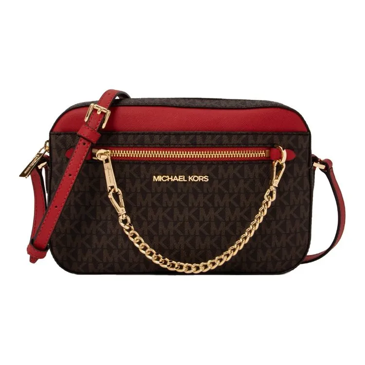 MICHAEL KORS Jet Set Canvas Shoulder Bag Camera Bag Crossbody Bag Large Size Women's Red Acorn Brown Multicolor