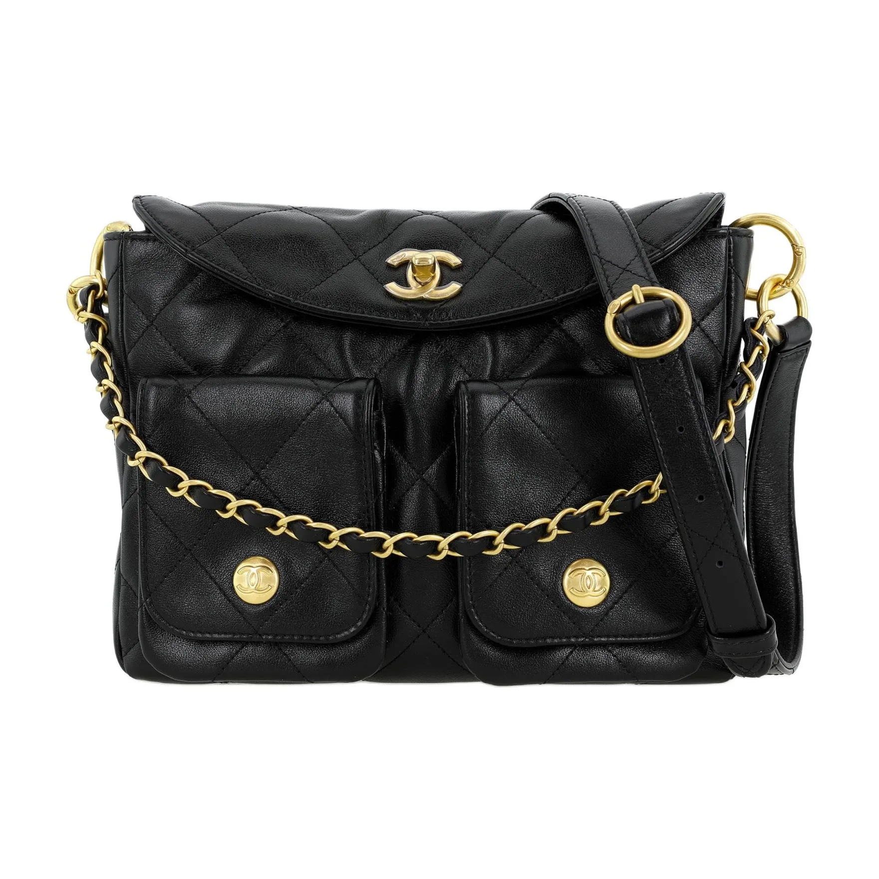 CHANEL Smooth Cow Leather Shoulder Bag Crossbody Bag Small Size Women's Black