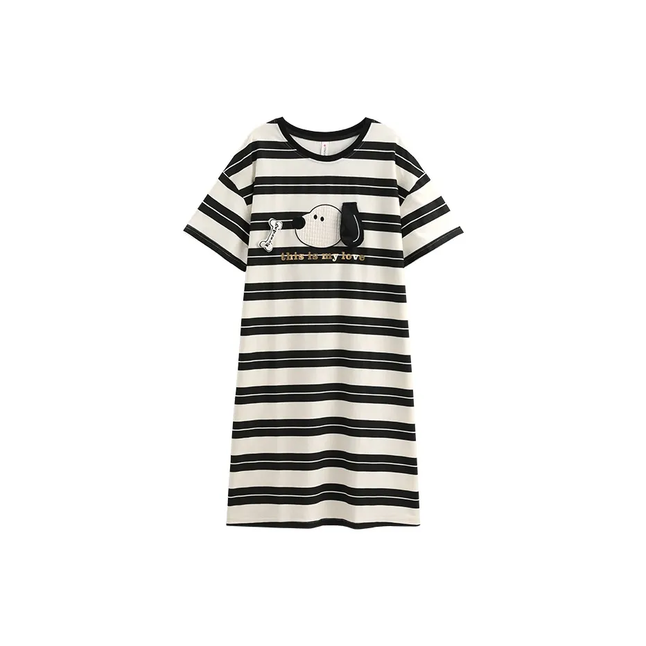 FENTENG Nightgown Women's Black Stripes