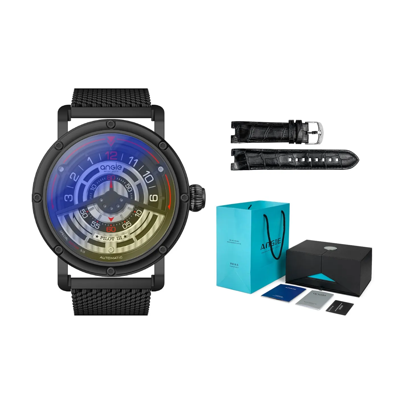 ANGIE PRESENT WATCH Пилот Автоматический Механический Механизм Нержавеющая Сталь Ремешок Часы Мужские Черный Циферблат