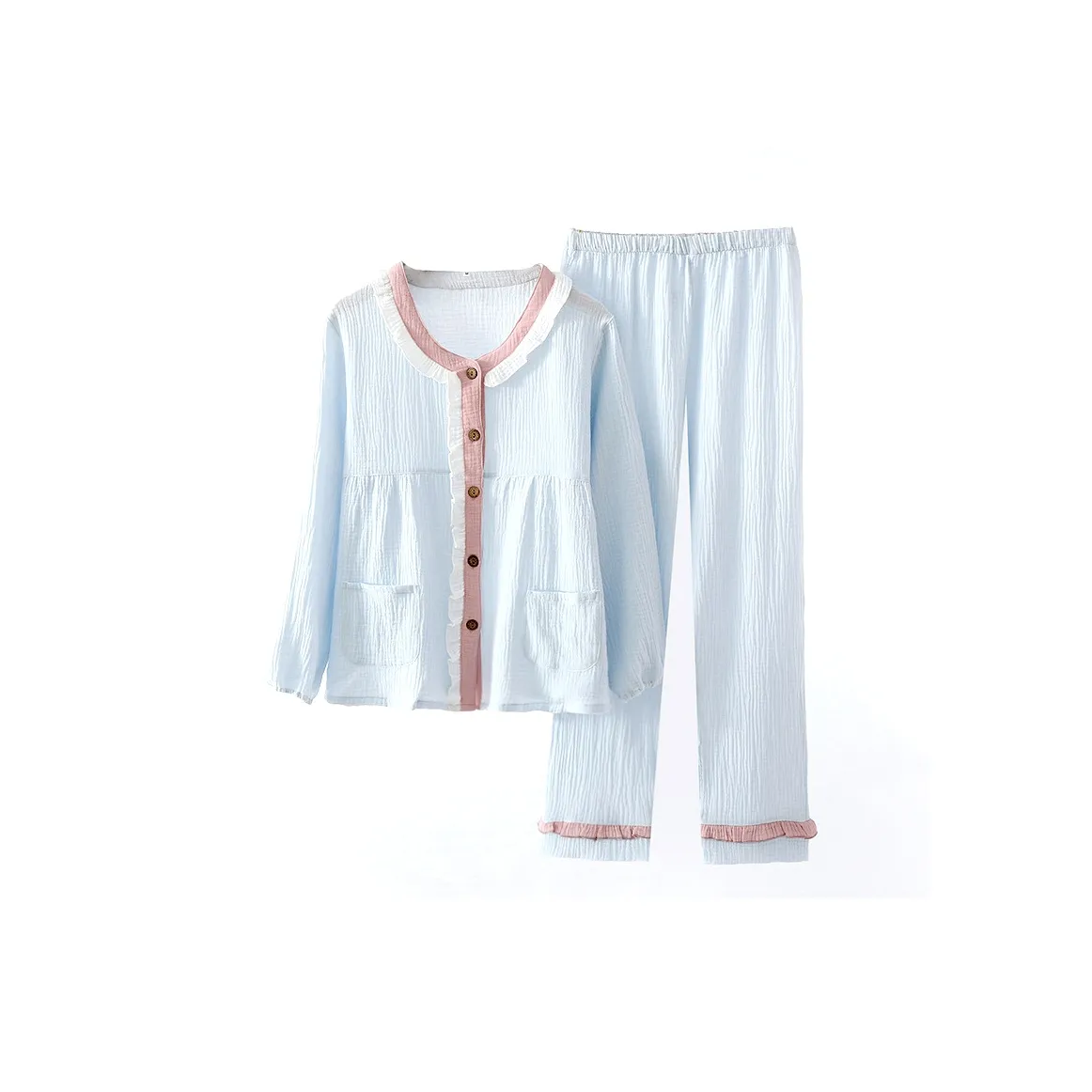 Sleep Students Dormitory, Home Pajama Set Women's Spring Fall Blue