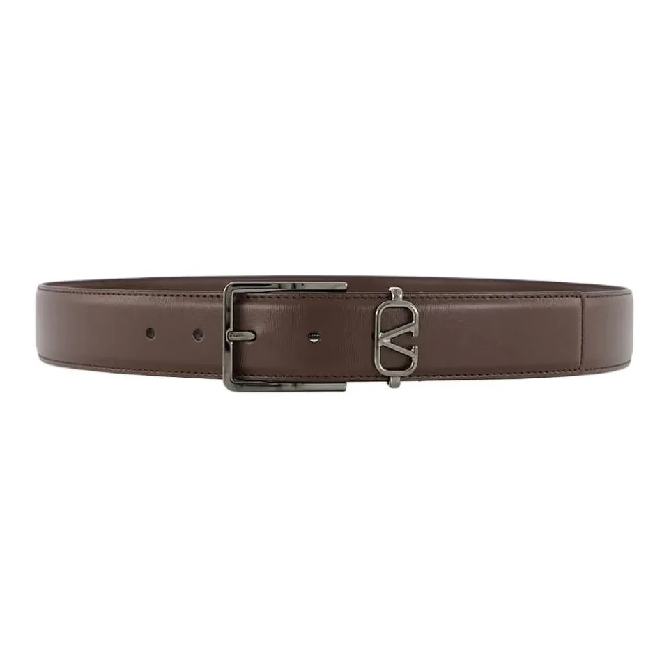 Valentino Logo Identification Leather Belts Men's Dark Brown Width 3.5CM