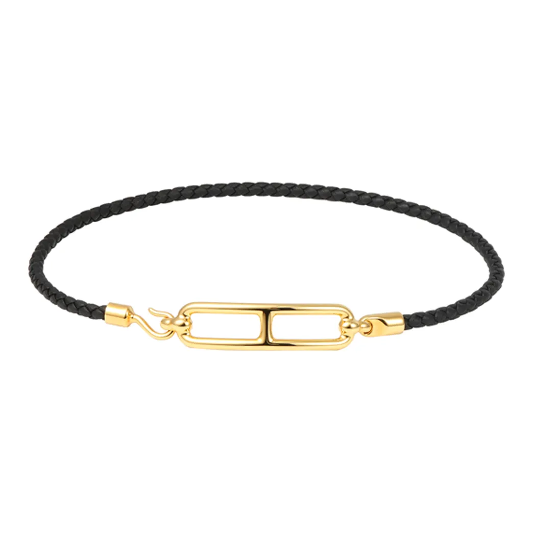 HERMES Leather Bracelets Unisex Black Gold