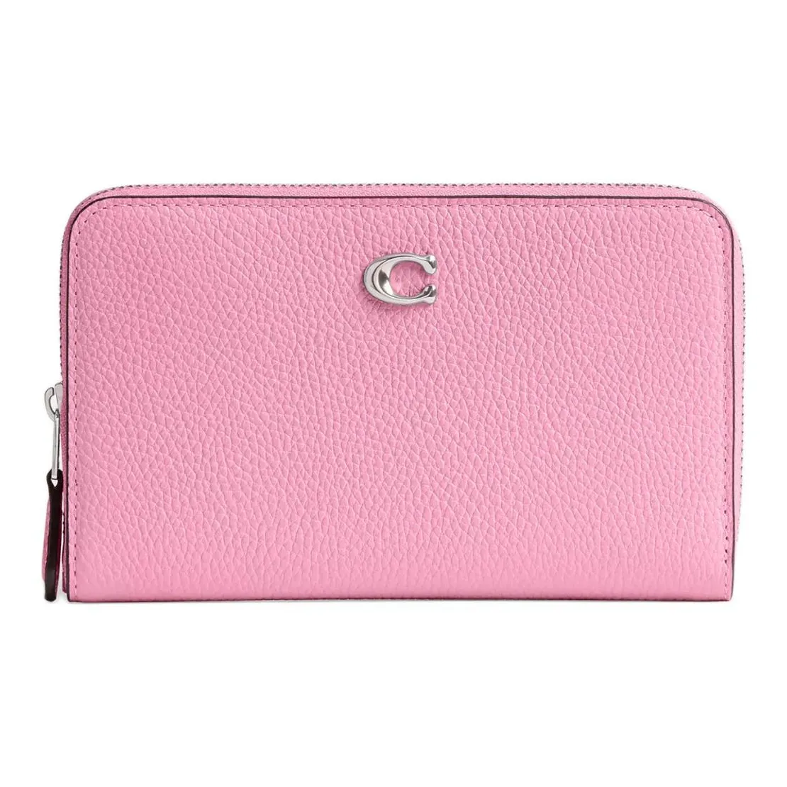 COACH Zip Around Polished Pebble Leather Wallet Trumpets Women's Silver & Bright Pink
