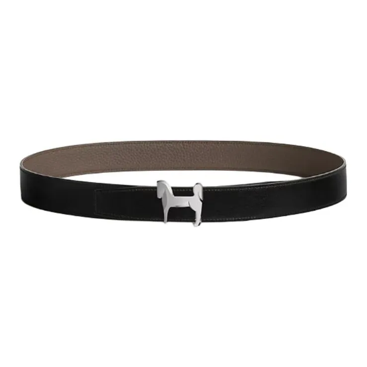 HERMES Calfskin Leather Belts Men's Black Width  3.2CM