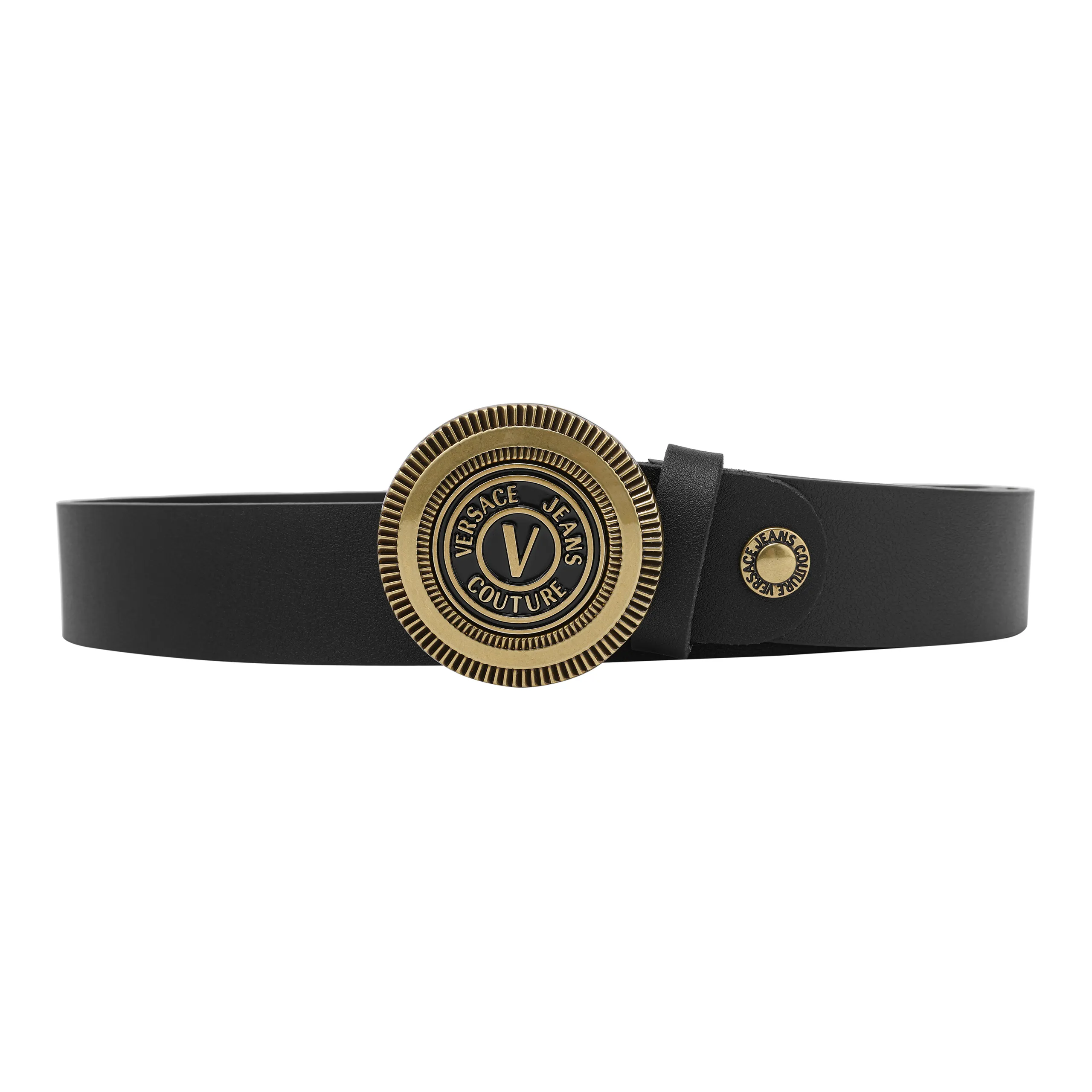 VERSACE JEANS COUTURE Letter Decoration Round Smooth Buckle Cow Leather Belts Men's Black