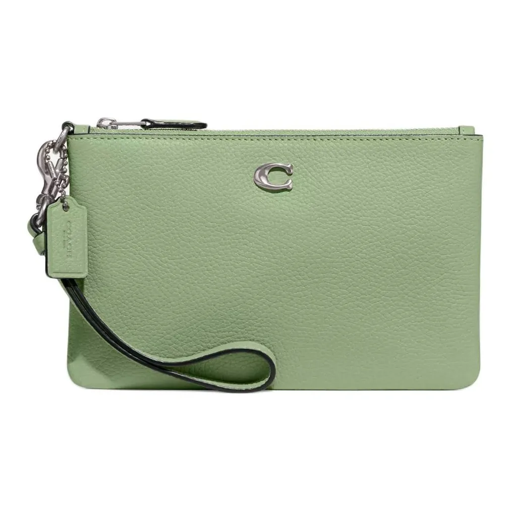 COACH Wristlet Grain Leather Wrist Bag Clutch Trumpets Women's Silver & Light Pistachio