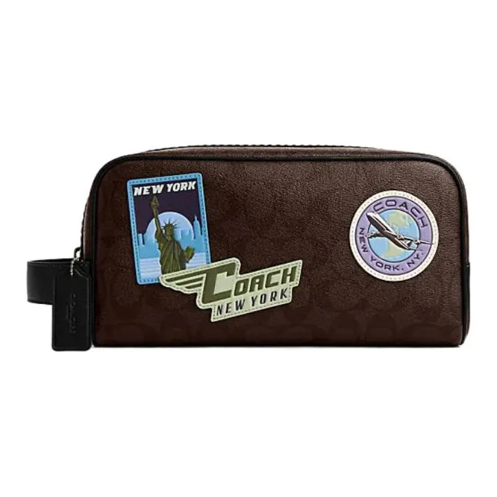 COACH Travel Kit ПВХ с коровьей кожей Дорожная сумка Клатч Большой Унисекс Темный кофейный