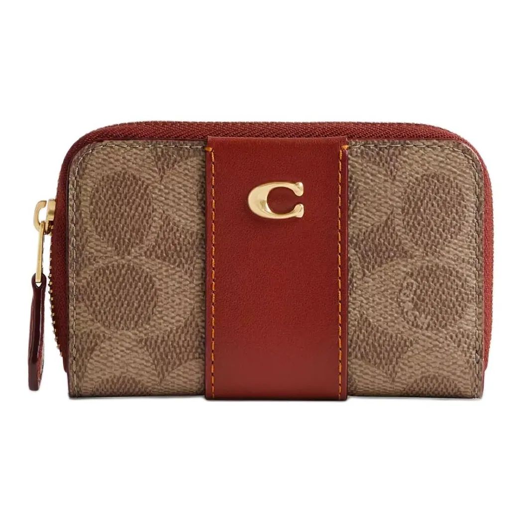 COACH Zip Around Телячья кожа Держатель для карт Мини Женский Латунь и Коричневый и Ржаво-красный