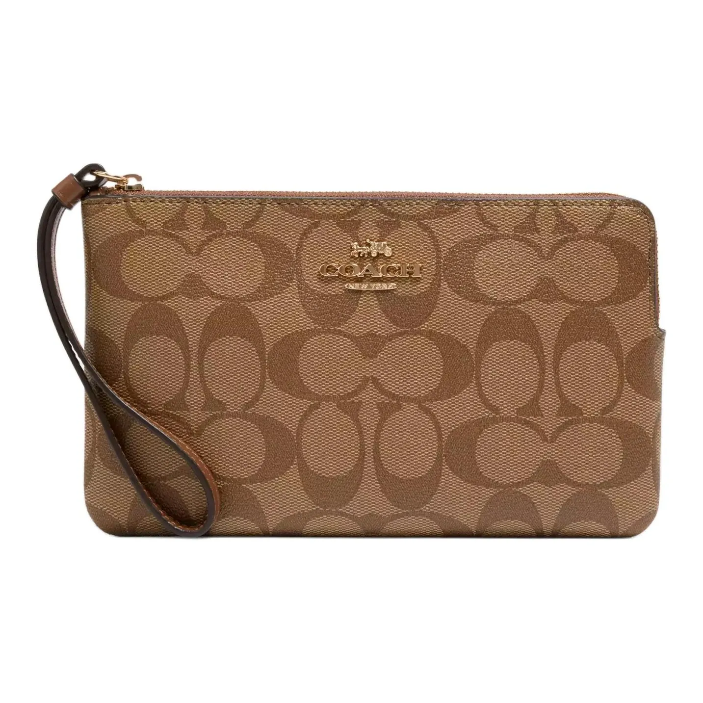 COACH Corner Zip Coated Canvas With Recycled Leather Clutch Wallet Trumpets Women's Gold & Khaki