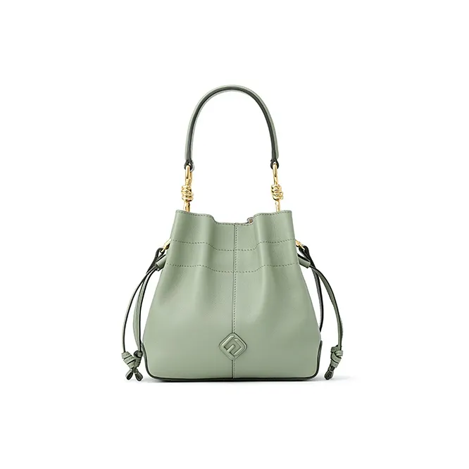 FION Cow Leather Bucket Bag, Shoulder Bag, Crossbody Bag, Handbag Medium Size Women's Mung Bean Brown