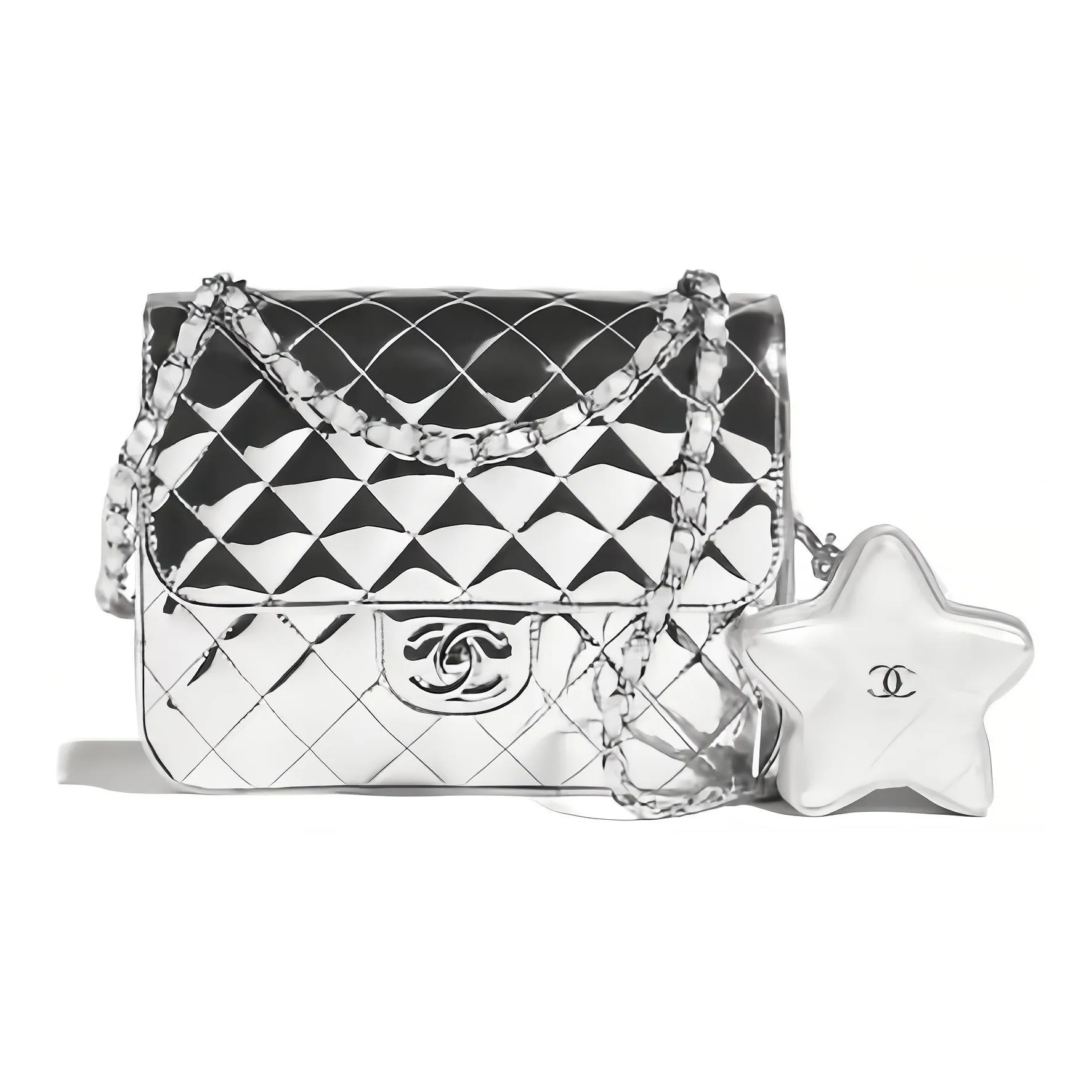 CHANEL Mirror Finish Calfskin Gold Logo Backpack Women's Silver