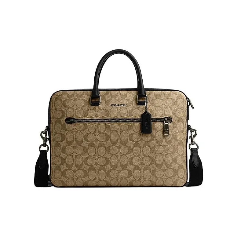 COACH ETHAN PVC Portable One Shoulder Crossbody Briefcases Large Size Men's Bronze Hardware & Khaki & Black